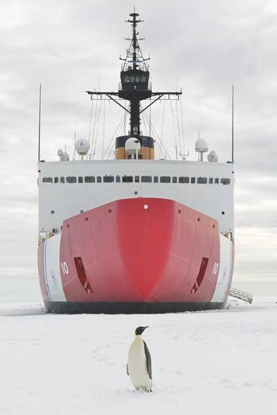 2018年1月10日，星期三，一只帝王企鹅在南极洲附近麦克默多湾的海岸警卫队刀具极地之星前合影。西雅图极地之星的机组人员正前往南极，以支持“深空行动”冻结2018年，这是美国军方对美国国家科学基金会管理的美国南极计划的贡献。美国海岸警卫队首席琐事官Nick Ameen摄。