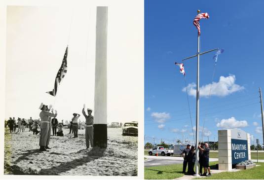 Port Canaveral flag raise - então e agora. (Autoridade portuária de Canaveral)