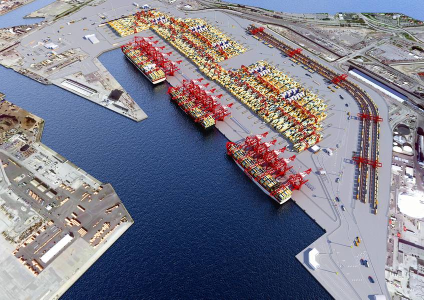 Una representación del puerto de los muelles del puerto medio de Long Beach.