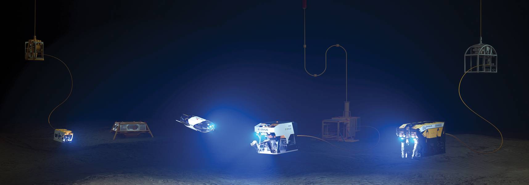 A linha de ROV da Oceaneering com veículos da próxima geração Freedom e E-ROV incluídos. Cortesia da Oceaneering International