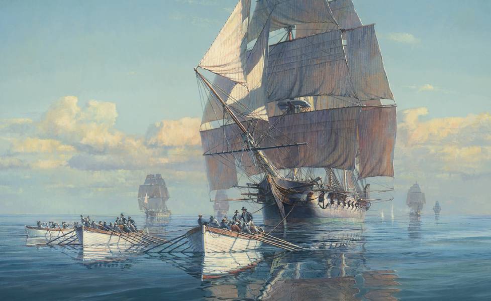 Ένας πίνακας του Maarten Platje που ονομάζεται Great Chase λέει αυτή την εκπληκτική ιστορία του Αμερικανικού Συντάγματος Φρεγάτας που βγαίνει από την ακτή του Νιου Τζέρσεϋ και εμπλέκεται σε μια κωπηλατική κούρσα για να απομακρυνθεί από μια ισχυρή βρετανική μοίρα. Το Σύνταγμα δραπέτευσε και συνέχισε να έχει τις καταπληκτικές νίκες του εκείνο το έτος, αλλά αν είχε πιαστεί, σήμερα δεν θα είχαμε ποτέ ακούσει για αυτήν. Πιστωτική Maarten Platje