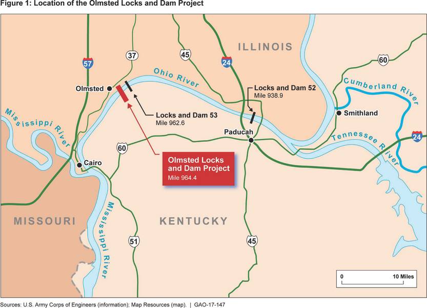 Κατασκευή του Olmsted Lock and Dam και της γύρω ποτάμι υποδομής (Credit: GAO)