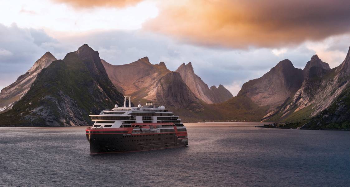 नॉर्वे के fjords में मंडराते हुए एमएस रोनाल्ड अमुंडसेन की एक छाप। जहाज इस साल के अंत में वितरण के लिए है। हर्टिग्रुटेन के ग्राफिक शिष्टाचार