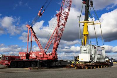 (Crédito: MDOT Maryland Port Administration e Charles Schelle) (As capacidades de grande volume do porto de Baltimore são auxiliadas por dois guindastes de içamento pesado, trilho de doca aprimorado que permite a descarga direta do navio e três plataformas de içamento pesado com capacidade de 32,5 toneladas por eixo por bloco.)