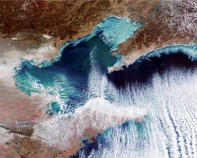 1月26日卫星照片显示中国北方海冰（照片：中国国家海洋环境预报中心）