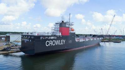 O El Coqui, uma transportadora ConRo de bandeira dos EUA, recentemente construída especificamente para os negócios Jones Act Caribbean e alimentada por GNL ambientalmente amigável. CRÉDITO: Crowley Maritime