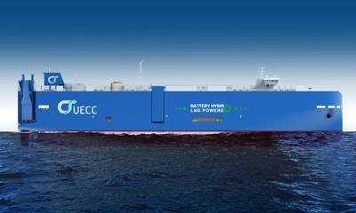UECCs dritter LNG-angetriebener reiner PKW- und LKW-Transporter (PCTC) wird zusätzlich Hybridbatterieantriebstechnologie an Bord haben. Das Schiff wird auf den atlantischen Kurzstreckenseehandelsrouten des Unternehmens eingesetzt. (Bild: UECC)