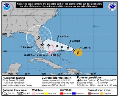 La situación del cono de tormenta del Centro Nacional de Huracanes de la NOAA a las 1100 horas local el 30 de agosto de 2019.