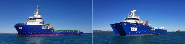 CMV Athos (izquierda) es un suministro de remolque con manejo de anclaje multipropósito (AHTS) / buque de apoyo offshore (OSV) de 65 metros, clase ABS. DP2 SeaMaster es un buque multipropósito ROV, Survey, Construction & Dive Support de 40M. Foto: Bhagwan Marine