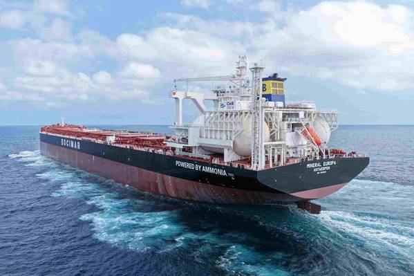Die von CSSC Qingdao Beihai Shipbuilding gebaute Newcastlemax mit 210.000 dwt ist mit einem WinGD-Zweistoff-Ammoniakmotor und einem Sun-Rui-Ammoniak-Kraftstoffversorgungssystem ausgestattet. Bild mit freundlicher Genehmigung von Anglo Eastern.