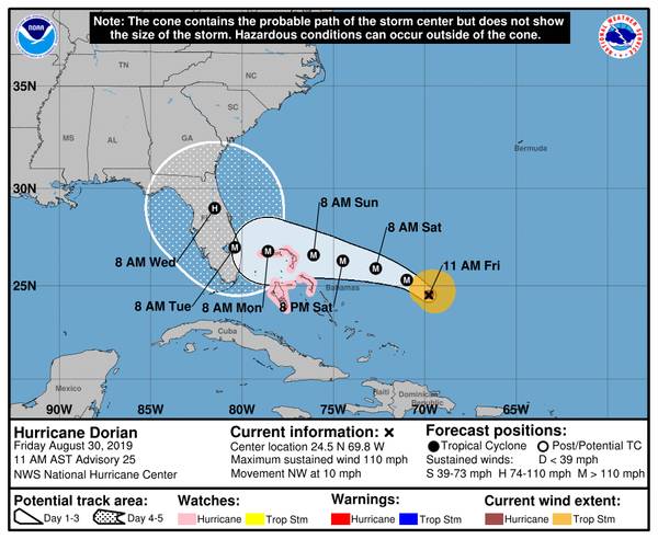 La situación del cono de tormenta del Centro Nacional de Huracanes de la NOAA a las 1100 horas local el 30 de agosto de 2019.