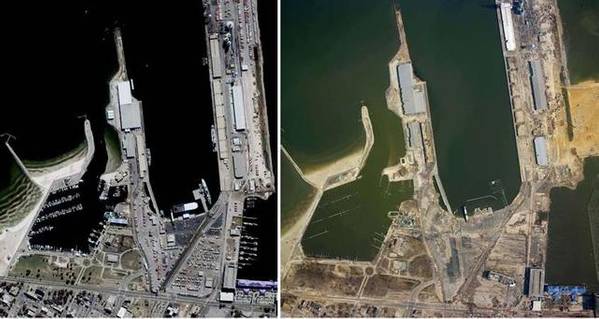 Gulfport, antes e depois do furacão Katrina. Imagem: NOAA