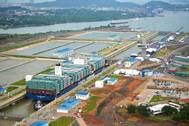 An aerial view of COSCO Shipping Panama in the upper chamber of the Cocoli Locks. Photo by Panama Canal Authority