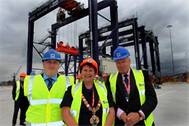 Andrew Oxby, Operations Manager, Teesdock, PD Ports (left), Olwyn Peters, Mayor of Redcar and Cleveland (center) and Pekka Huhtaniemi, Finnish Ambassador for the UK (right).