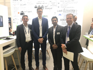 (L-R) Bastian Gehnke of Navis, Thiemo Ullrich from Zeaborn, an Yuvraj Thakur and Julien Dufour of Verifavia Shipping at SMM 2018 (Photo: Verifavia)