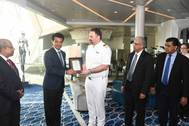 On behalf of Sri Lanka Ports Authority (SLPA), the Chairman of Sri Lanka Ports Authority (SLPA) Dr.Parakrama Dissanayake exchanges plaques with the Maseter of Mein Schiff 3 - Capt. Alevropoulos George. The Manging Director of Shipping Agency Services (pvt) Ltd - Mr.Gihan Nanayakkara is also in the picture. Pic: Port of Colombo