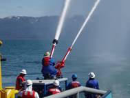 T&T Bisso team delivering 6000 gpm during offshore firefighting deployment exercise.