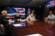 Vice Adm. Brian Salerno, NAMEPA's Carleen Lyden-Kluss and NAMEPA's Clay Maitland at signing ceremony. RADM Paul Zufunft is at right, opposite.