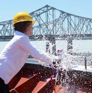 Carrie Templin christens Crowley’s new product tanker Louisiana in New Orleans (Photo: Crowley)