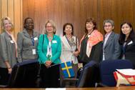 Vera Chalkidis, president of WISTA International, with some of the leadership team. Left to right: Carleen Lyden-Kluss, Dime Agboire, Anna Risfelt Hammargren, Ms Chalkidis, Kathleen Haines, Consuelo Rivero, and Irene Lim. Photo courtesy Adrian Nettleship.