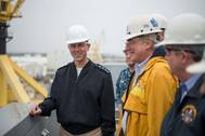 Chief of Naval Operations Adm. John Richardson (left) toured the amphibious transport dock John P. Murtha (LPD 26) during a visit to HII’s Ingalls Shipbuilding division. Also pictured (left to right) are Richard Schenk, Ingalls’ vice president of program management, and George Jones, Ingalls’ vice president of operations. (Photo by Andrew Young/HII)