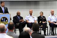 Coast Guard hosts Rescue 21 ceremony in Baltimore. Donald Wilt, senior director of federal-civil programs for General Dynamics C4 Systems, speaks during a Coast Guard Rescue 21 communications system acceptance ceremony at the Coast Guard Yard in Baltimore, Aug. 19, 2010. His company was awarded the Rescue 21 production contract in September 2002. U.S. Coast Guard photo by Petty Officer 2nd Class Andrew Kendrick.