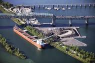 The Baie St. Paul discharges stone in August 2015 at the construction site of the new Champlain Bridge in Montreal. (Photo: Canada Steamship Lines/Mario Faubert)
