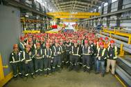 Employees at Vancouver Shipyards witness the first cut of steel on Seaspan’s second National Shipbuilding Strategy (NSS) ship, Canadian Coast Guard (CCG)’s second Offshore Fisheries Science Vessel (OFSV). Courtesy Seaspan
