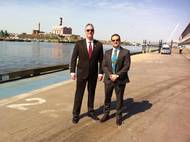 U.S. Federal Maritime Commissioner William P. Doyle and Nova Scotia's Minister of Natural Resources Zach Churchill in Boston waiting for the M/V Nova Star to dock.