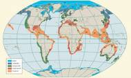 Figure 1. The nearcoastal areas of the world’s oceans have been classed into 66 large, transnational marine ecosystems, known as the large marine ecosystems (LMEs). Taken from World Ocean Review Living with the Oceans. 5 Coasts – 2017. Image: The Author