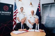 Front row L-R: Nigel Bagster, Managing Director, Communications Australia, L3Harris, and Joe Smith, General Manager, Naval Ship Management.
Back row L-R: Commander Dane Wilson, Sustainment Manager, Amphibious Combat and Sealift SPO, RAN, and Captain Bradley Smith, Director, Amphibious Combat and Sealift SPO, RAN.
(Photo: NSM)