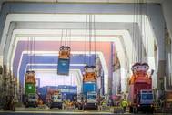 Garden City Terminal, Port of Savannah. Nine ship-to-shore cranes work two container vessels at the Georgia Ports Authority Garden City Terminal near Savannah Ga. Photo: Georgia Ports Authority/Stephen B. Morton