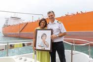 The Godmother of MV Barracuda, Ms. Su Yin Anand, Head of Legal at South32 Marketing Singapore and Captain Dan Cracium of MV Barracuda at the Naming Ceremony. Image: KCC