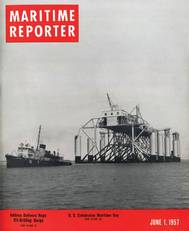 Gracing the cover of the June 1, 1957 edition was a “Huge Oil Drilling Barge” the Margaret which was one of the largest ever built at 300 ft. long, 200 ft. wide and 93 ft. high, capable of an operating depth of 65 ft. Margaret was built by Alabama Dry Dock & Shipbuilding Company for the Ocean Drilling and Exploration Company, New Orleans.