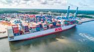 On June 3 SCPA handled record cargo moves on the 13,208 TEU OOCL France, the largest vessel ever to call the Port of Charleston. (Photo: SkyView Aerial Solutions / SCPA)