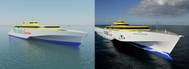 Left: Two 117m high-speed vehicle passenger ferries to be built by Austal for Fred Olsen SA of Spain (Image: Austal). Right: The 127m Benchijigua Express was the world’s first and largest trimaran hull vehicle passenger ferry, designed and built by Austal for Fred Olsen SA in 2005. (Image: Austal)