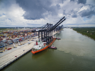 Port Houston’s newest ship-to-shore cranes stand nearly 30 stories tall with a boom length of 211 ft. able to load and unload vessels up to 22 containers wide. (Photo: Business Wire)