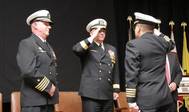Capt. Howard Goldman , right, reports that he has assumed command of Naval Undersea Warfare Center (NUWC) Division Newport to Rear Adm. Michael Jabaley, commander of NUWC (center), as the former commander of NUWC Newport, Capt. Todd Cramer, looks on.