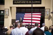 Howard Joshua Humphreys, descendent of 19th century American frigate designer Joshua Humphreys, delivers remarks at a dedication ceremony for Naval Sea Systems Command headquarters. Humphrey's ancestor designed the original six U.S. Navy frigates, including USS Constitution. (U.S. Navy photo by Nathan Laird)