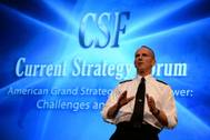 U.S. Navy CNO Adm. Jonathan W. Greenert, delivers remarks to U.S. Naval War College students and distinguished guests during the 65th annual Current Strategy Forum. (U.S. Navy photo by James E. Foehl)