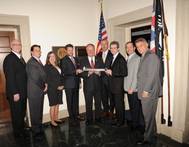 Rep. Joyce (fifth from left), accepts his award from Great Lakes Maritime Task Force. Joining him (l-r): Tom Curelli, Fraser Shipyards; Aaron Bensinger, Central Marine Logistics; Brenda Otterson, American Maritime Officers; Andrew Strosahl, Transportation Institute; Mark Barker, The Interlake Steamship Company; Thomas Rayburn, Lake Carriers’ Association; Steve Fisher, American Great Lakes Port Association; and Jeffrey Freeman, Fincantieri Marine Group. (Photo: LCA)