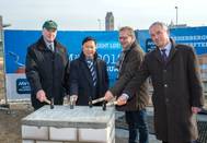 Laying the foundation stone for the new accommodation: Joachim Hagemann (MV WERFTEN), Colin Au (Genting Hong Kong), Ulrich Schönfeld (IPROconsult) and Thomas Beyer (Hanseatic City of Wismar) Photo courtesy SEBASTIAN KRAULEIDIS/MV WERFTEN