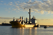 Liebherr LHM 600 mobile harbor crane arrives
at Port Canaveral on Friday aboard the cargo vessel Happy Dover.
(Photo: Canaveral Port Authority)
