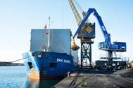 The new Mantsinen 120M HybriLift hydraulic crane now in operation at the Port of Swansea. (Photo: Cooper Handling)