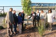 McInnis Cement plants a maple tree with officials and members of community organizations to celebrate the opening of the company’s new terminal. From left to right: Ramon Cabral, Deputy District Director; Nick Madio, Bronx Community Board 2; Maria Torres, President & COO, The Point; Laurent Beaudoin, Chairman, McInnis Cement; Jean Moreau, President and CEO, McInnis Cement; Rafael Salamanca, Councilman & Chair of the Land Use Committee; Ralph Acevedo, District Manager, Bronx Community Board 2; an
