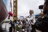Ane Mærsk Mc-Kinney Uggla, lady sponsor, christens the ship (Photo: Maersk)
