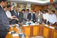 ( L- R) N.N.Kumar, Chairman, JNPT, announces the operational results (center). Also seen are A.K.Bose, Chief Manager(traffic), Neeraj Bansal, Dy. Chairman, S.K.Kaul, Chief Manager(Admn.)& Secy.