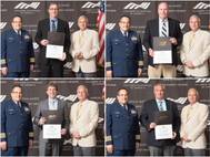 Pictured above are: Captain Andrew Sugimoto, Chief of Staff to RADM Thomas of the Eight USCG District and Jim Varley, Vice Chairman of the Board of Directors for the Chamber of Shipping of America with Crowley Captains (clockwise in center) Tod Doane, William Butler, Scott Davis and Robert Cope (Photo: Crowley)