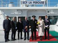 Pictured, right to left: Arnaud le Foll, Total’s Country Chair Russia and Director General of Total Exploration and Production Russia; Fleur-Eve Durin le Foll, his spouse and the vessel’s sponsor; Alexander Matanov, the vessel’s master; Sergey Frank, Chairman of the Board of Directors of PAO Sovcomflot; Nikolay Kolesnikov, Executive Vice President and Chief Financial Officer of PAO Sovcomflot; Peter Justesen, Vice President for LNG Shipping at Total, and Grigory Aleksandrov, Director of Projects