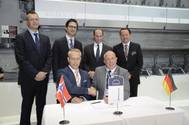 Pictured at the signing ceremony: (standing, from left) Mikael Adler – Managing Director, MAN Diesel & Turbo, Norway; Serghei Nastas – MAN PrimeServ O&M Sales Manager; Dr. Stephan Timmermann – Member of Executive Board, MAN Diesel & Turbo; Stefan Eefting – Vice President, Head of MAN PrimeServ; (seated, from left) Lars-Heine Njåstad – Chief Procurement Officer, DOF; and Wayne Jones – Senior Vice President, Head of MAN PrimeServ Diesel